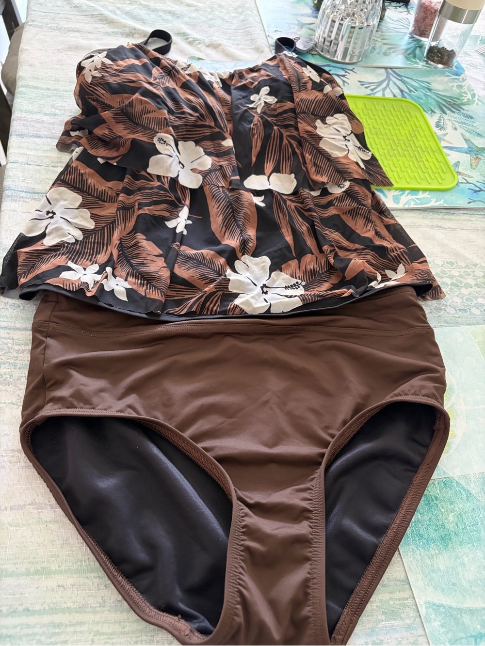 Lands' End Black Floral Ruffle One-Piece with Brown Accents